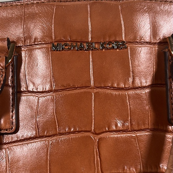 Michael Kors Dillon Satchel Croc Embossed Leather Shoulder Cognac Tan Purse Bag - Picture 4 of 16